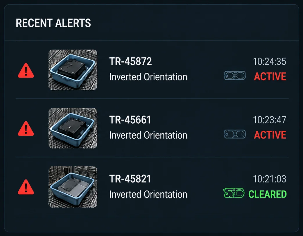 Recent alerts panel showing inverted orientation tray alerts