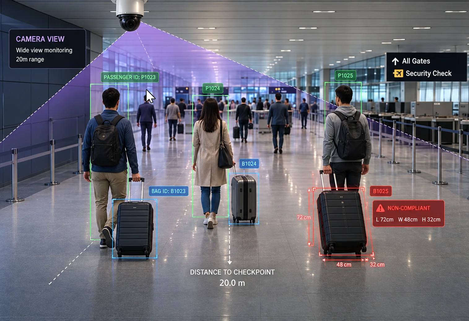 Camera view tracking passengers and their baggage with a non-compliant bag size flagged