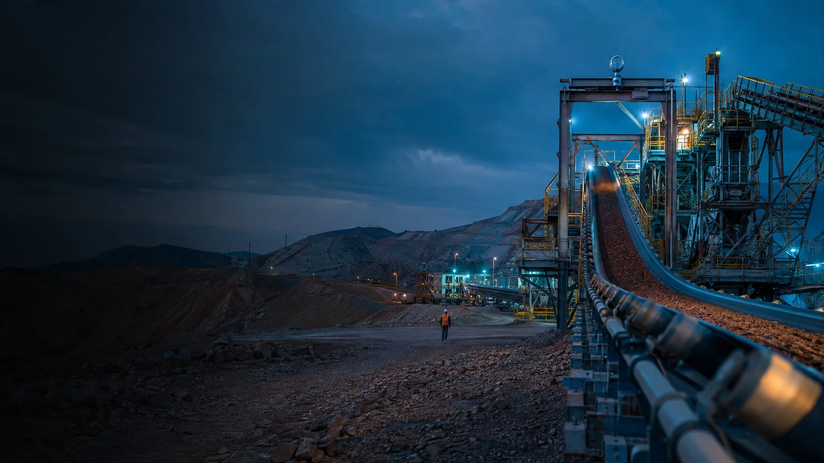 Mining operation at dusk with conveyor infrastructure