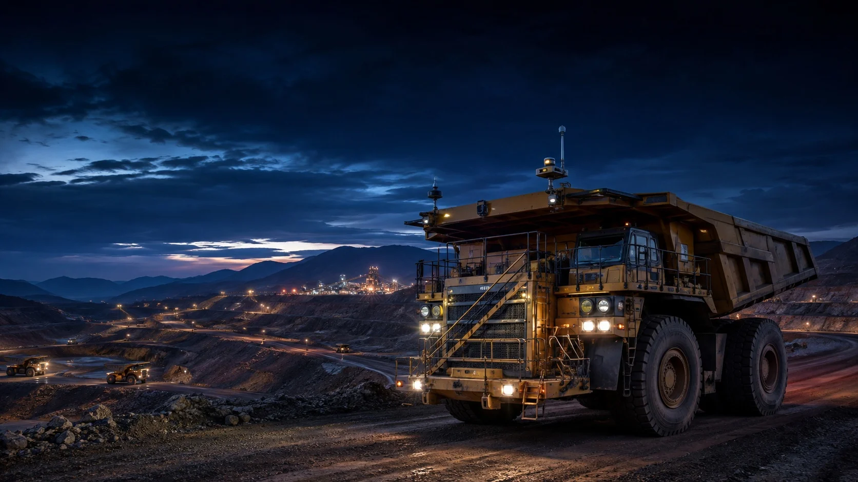 Haul truck on a mine site at dusk