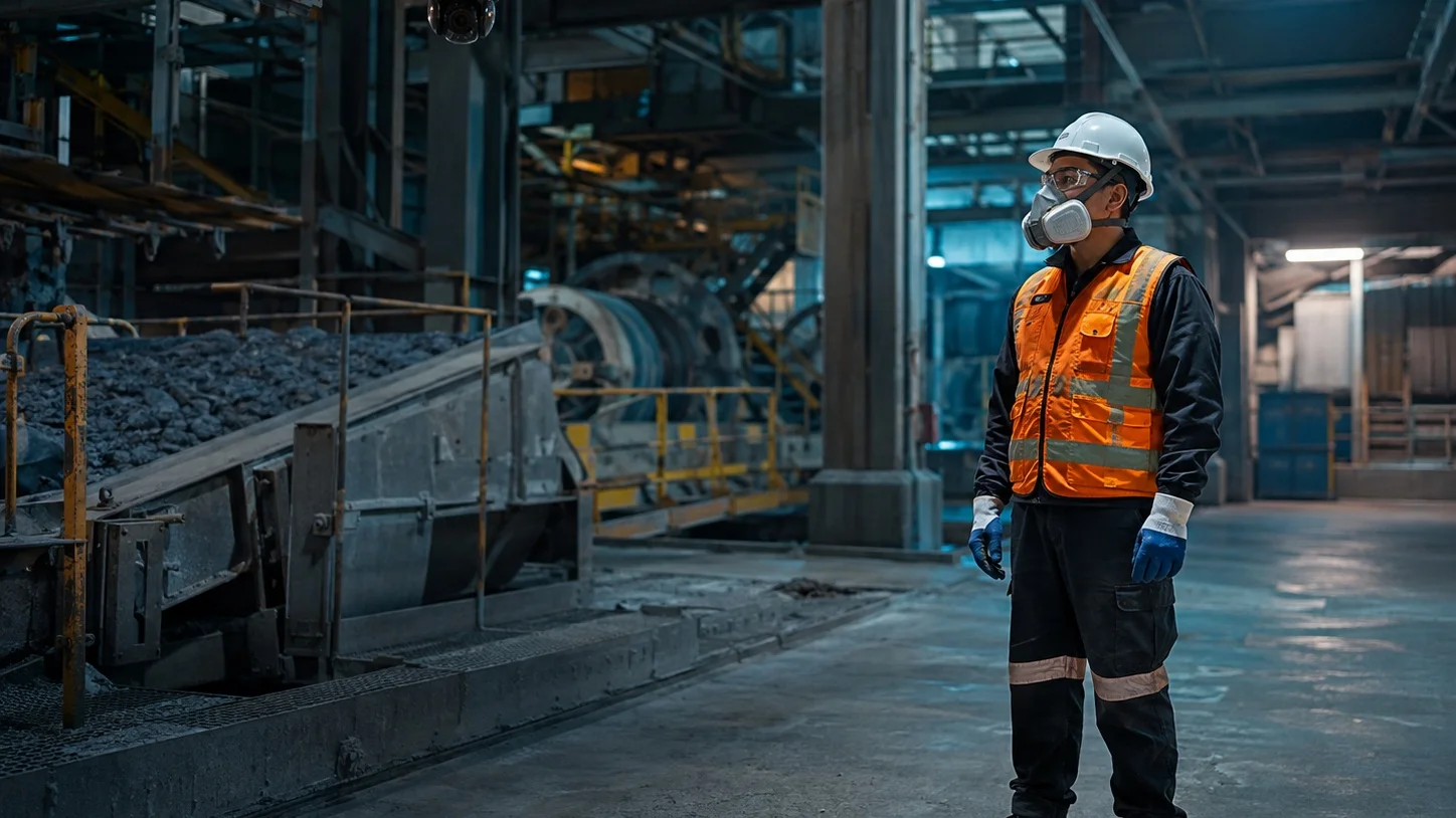 Mine worker wearing PPE on the operational floor