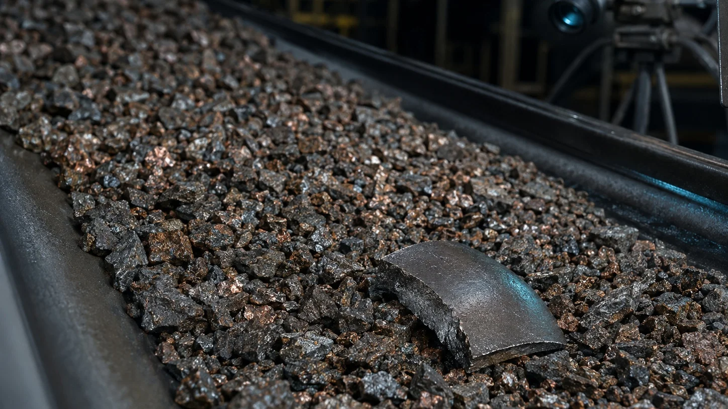 Grinding media fragment on a mineral conveyor